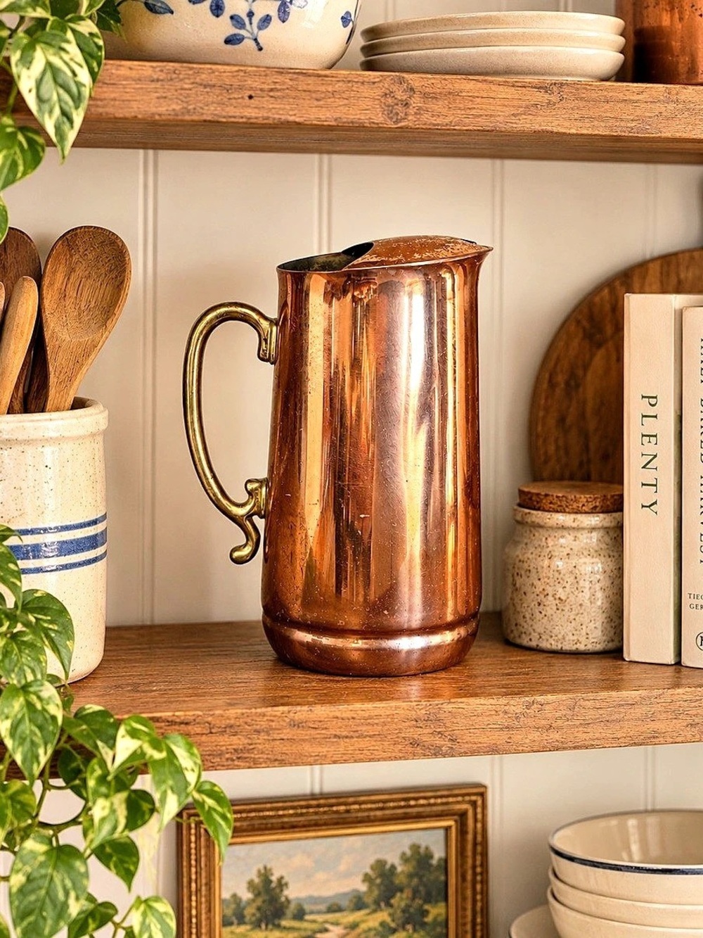 Vintage Solid Copper Pitcher, Brass Handle
